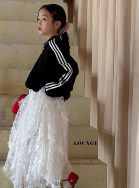 乔伊思童装女童半身裙秋款白色蕾丝网纱拼接不规则公主蓬蓬蛋糕裙