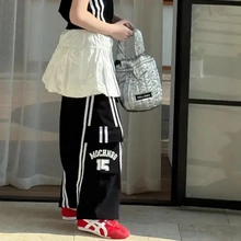 乔伊思童装女童黑色工装裤春夏酷飒风阔腿裤子美式高街条纹休闲裤