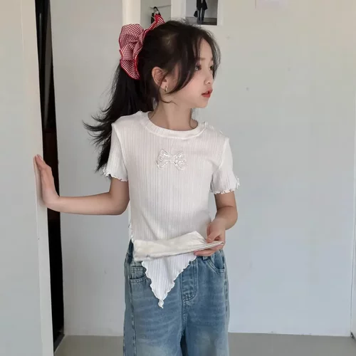 乔伊思童装女童短袖T恤不规则春夏创意木耳边纹理感上衣弹力套头