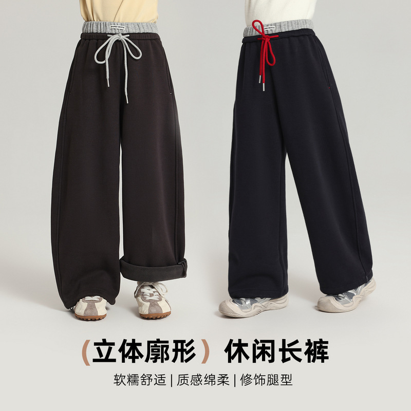 乔伊思童装童装休闲裤2025冬季上新女童加绒加厚长裤拼接灰色裤腰