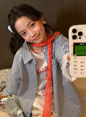 乔伊思童装26 春款 oversize中大童女童小清新蓝色小格纹衬衫外套