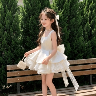 乔伊思童装女童连衣裙无袖公主蓬蓬裙后背大蝴蝶结蕾丝生日礼服裙