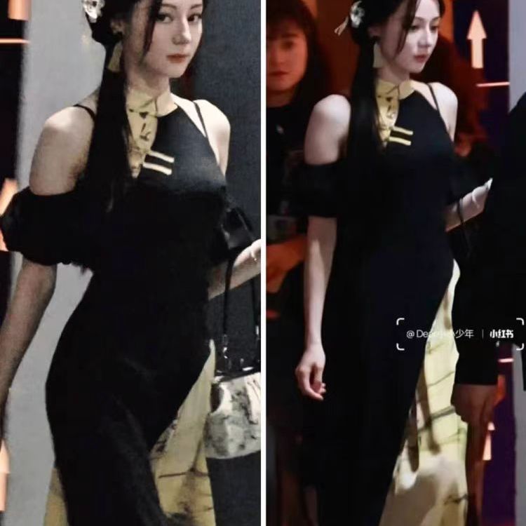 中式国风拼色连衣裙盘扣旗袍长裙