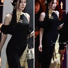 迪丽热巴同款新中式国风拼色连衣裙女夏收腰显瘦盘扣旗袍裙子长裙