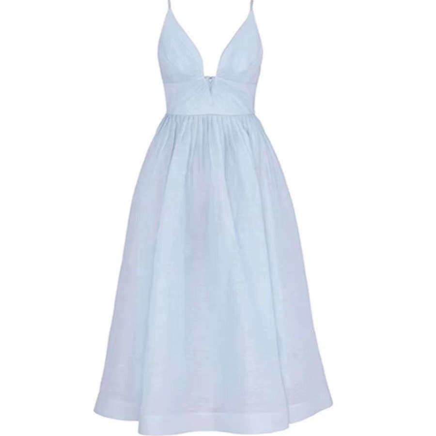 白鹿明星同款修身蓝色V领吊带连衣裙女中长款礼服裙优雅气质2025