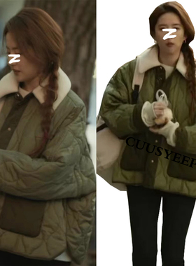LYF明星同款军绿色格子加厚保暖拼色领棉衣棉服外套轻奢气质风衣