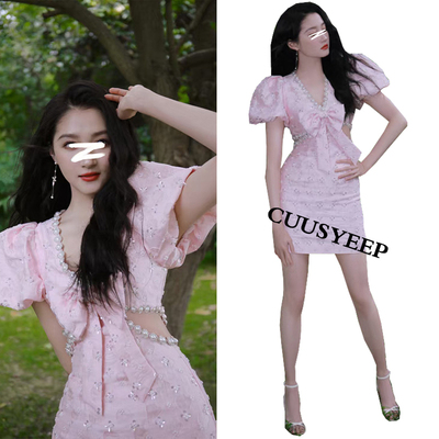 明星同款名媛礼服钉珠露腰连衣裙