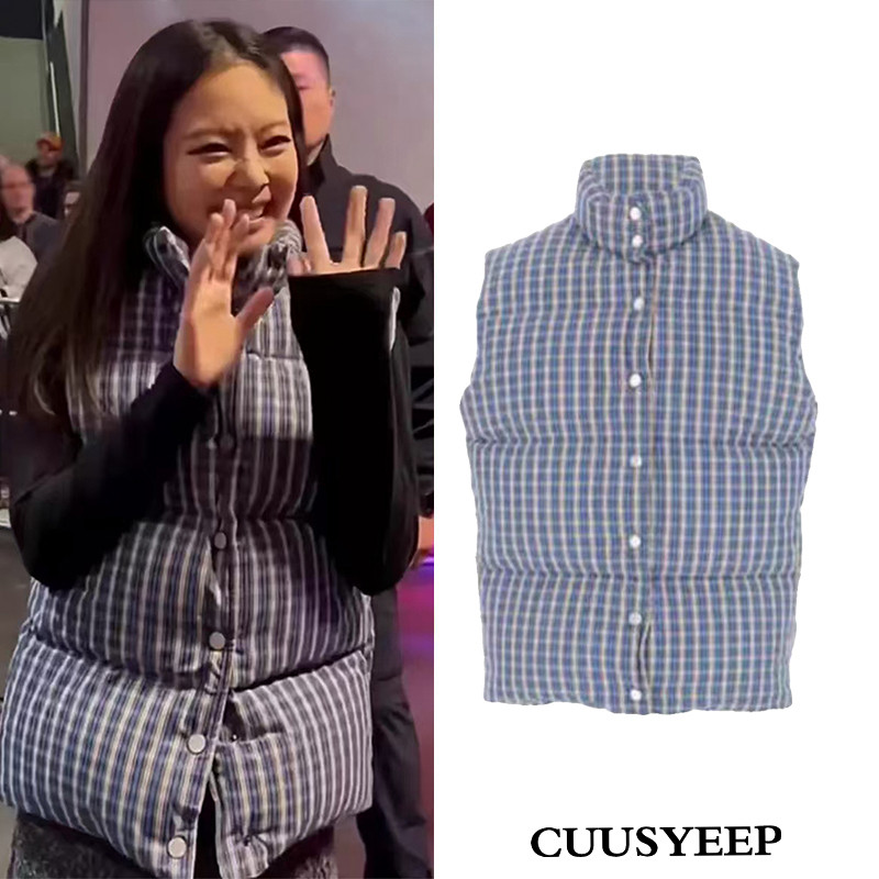 格子马甲女立领单排扣棉服背心