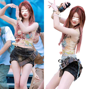 明星同款 文艺印花吊带背心上衣复古做旧不规则牛仔半身裙短裙裤