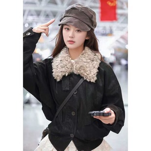 邓恩熙同款美式重工水洗做旧可拆卸毛领皮衣外套女2025秋冬新款潮