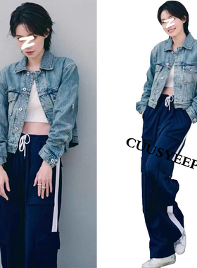 ZXF明星同款美式复古超柔牛仔外套夹克休闲拼色运动阔腿长裤套装