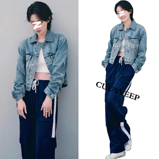 ZXF明星同款美式复古超柔牛仔外套夹克休闲拼色运动阔腿长裤套装