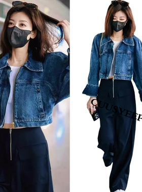 JJW明星同款复古蓝短款气质夹克牛仔外套港味休闲百搭清新短上衣