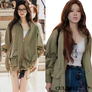 风衣夹克上衣 冲锋衣外套女秋宽松短款 许我耀眼赵露思同款 绿色工装