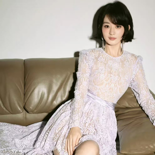 2025春夏新款小个子淑女名媛甜美紫色气质不规则SP蕾丝连衣裙子