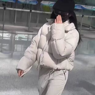 刘浩存同款米白色爱心刺绣短款白鸭绒羽绒宽松加厚保暖面包服外套
