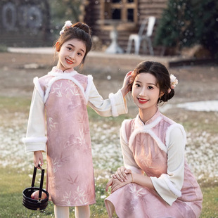 秋冬季母女装新中式改良旗袍裙女童加厚粉色中国风连衣裙公主长裙