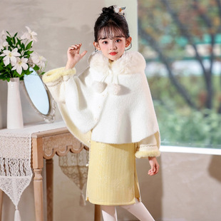 女童粉色旗袍连衣裙冬季中国风儿童加绒加厚披风斗篷新年演出服装