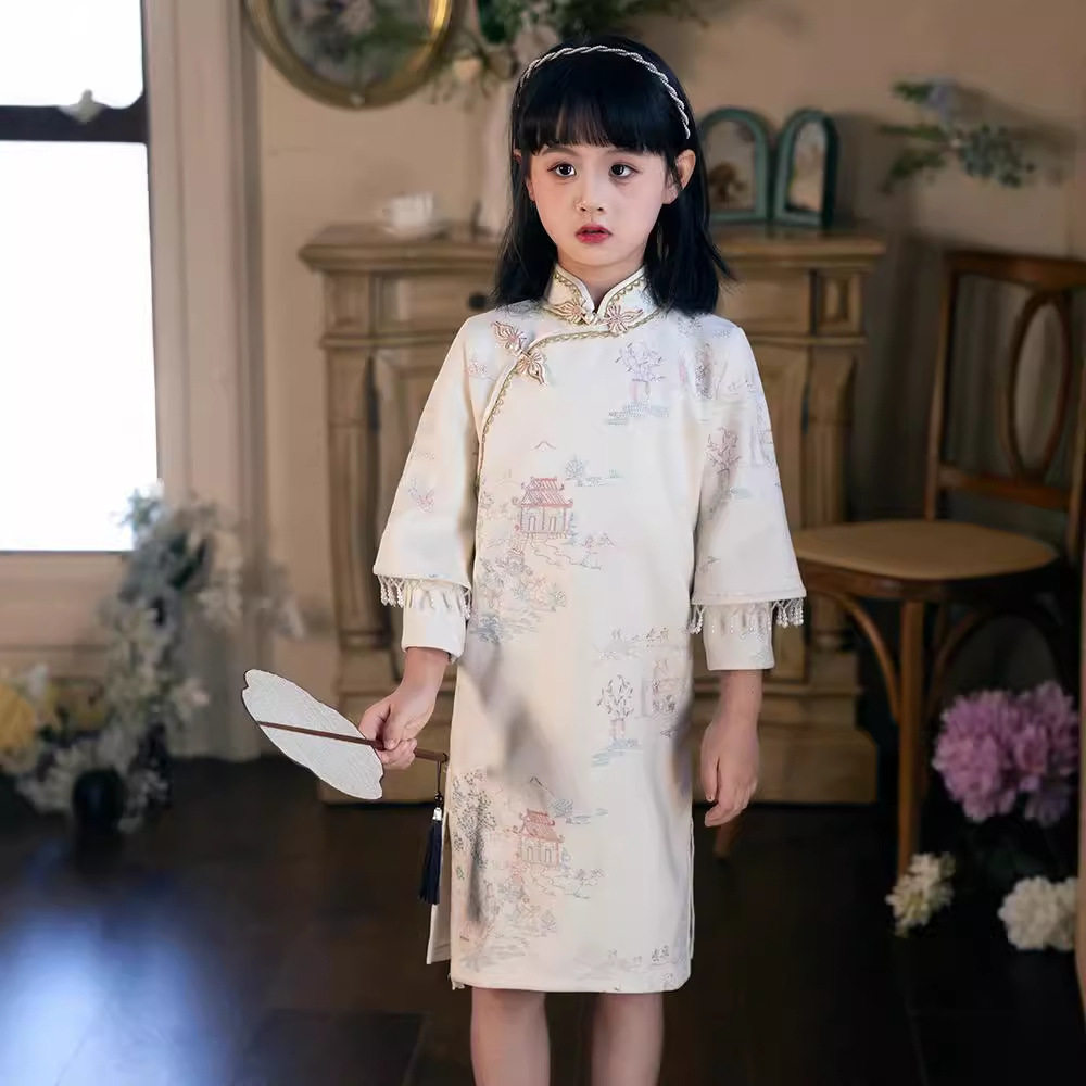 儿童新中式旗袍连衣裙春秋唐装小女孩国风公主裙女童长袖改良裙子