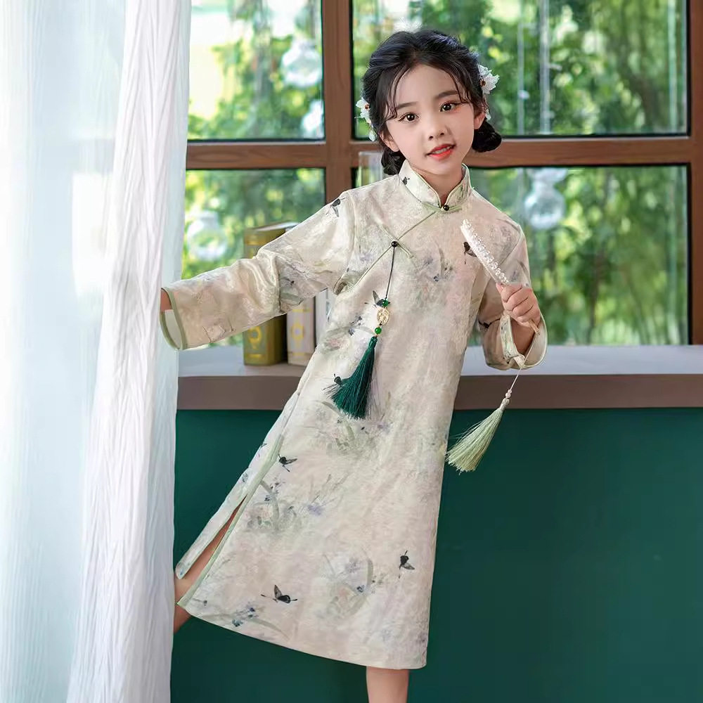 儿童复古旗袍连衣裙春秋女童新中式中国风唐装小女孩长袖公主裙子
