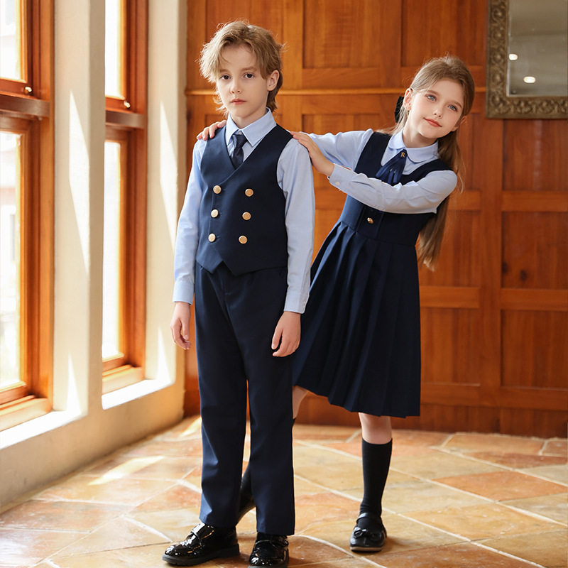 春秋款女童学院百褶连衣裙套装儿童长袖衬衫中大童学生表演出服装