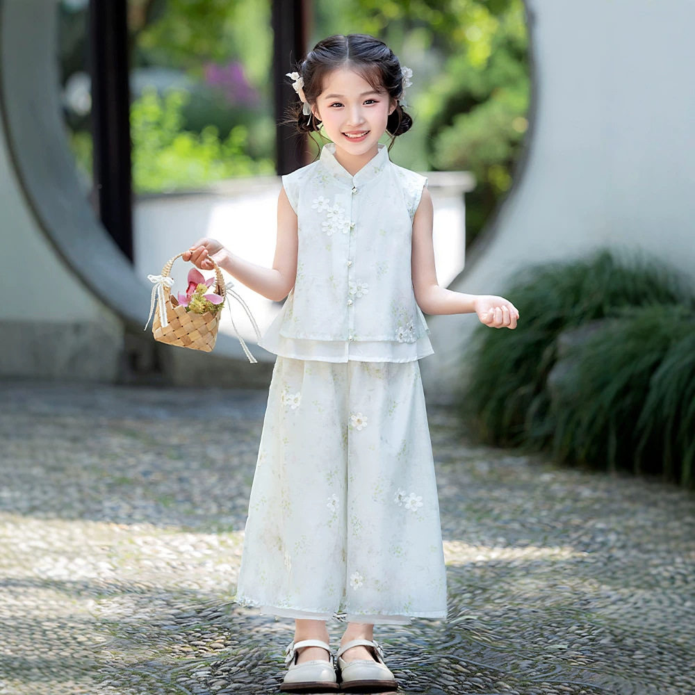 女童复古旗袍套装夏季中国风儿童唐装古风汉服上衣阔腿裤子两件套