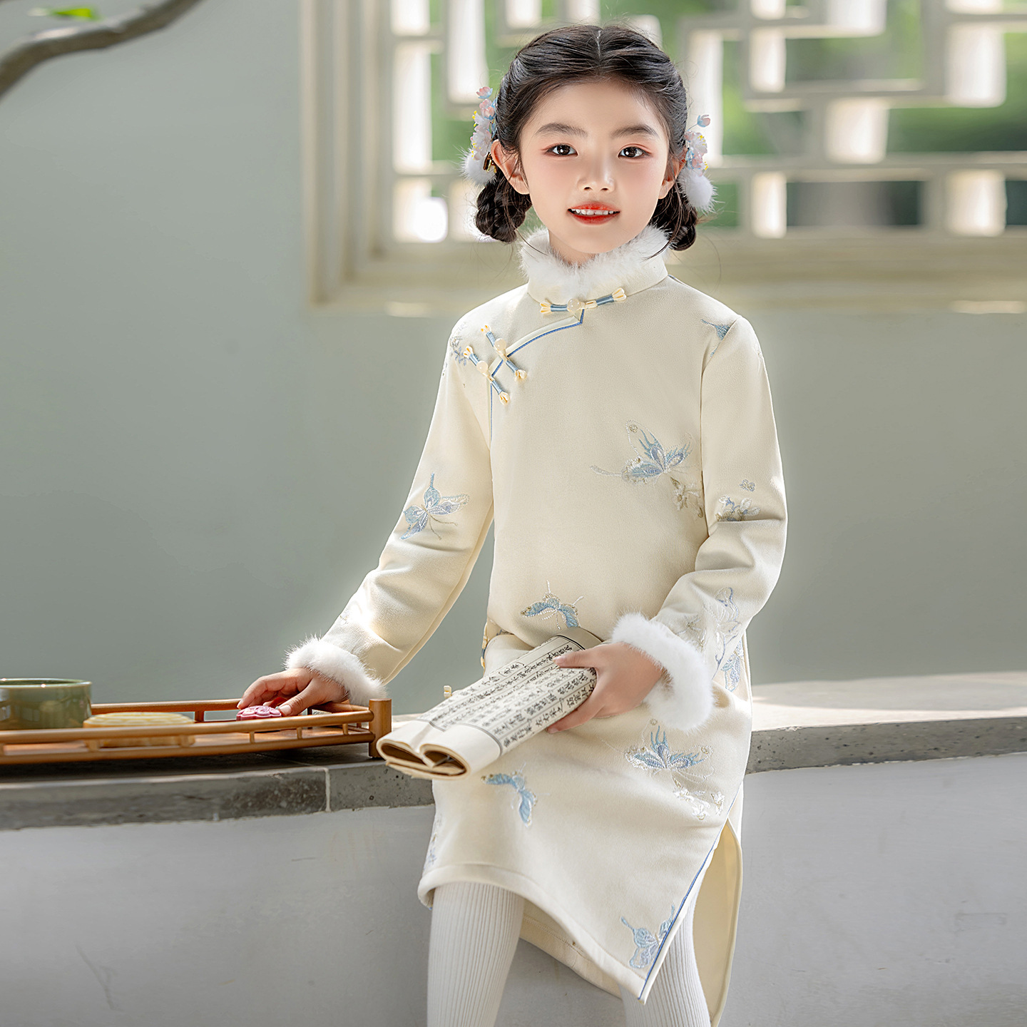 女童国风加绒加厚新年礼服裙子