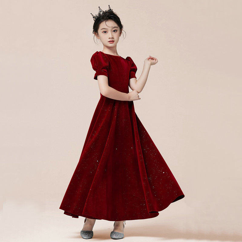 女童酒红色丝绒礼服连衣裙儿童泡泡袖公主裙花童婚礼演出服长裙子