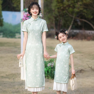 中国风亲子装改良旗袍薄款母女夏季新中式连衣裙女童绿色唐装裙子