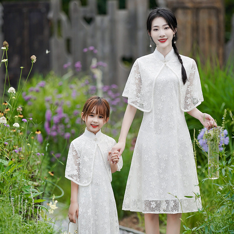亲子装司藤同款母女旗袍连衣裙民国风复古儿童白色蕾丝公主裙子夏