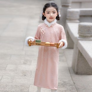秋冬季儿童长袖中国风公主裙女童粉色旗袍裙子演出礼服连衣裙唐装