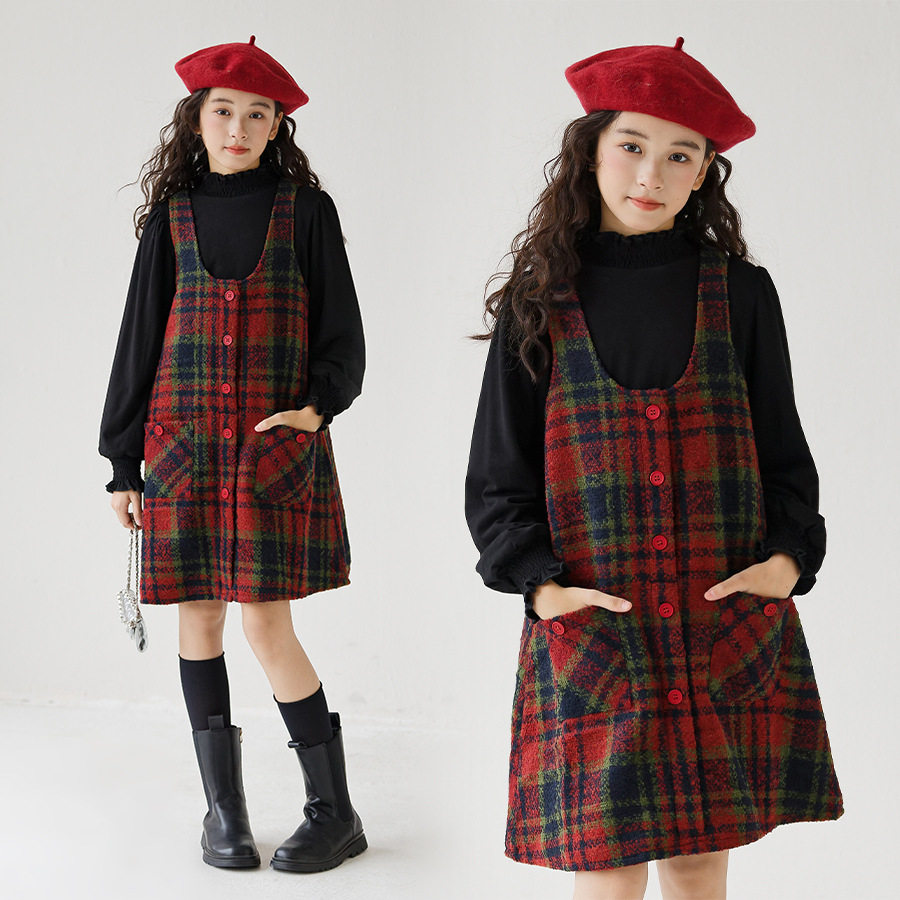 韩版女童格子连衣裙秋冬儿童毛呢公主裙子大童加绒加厚背心裙套装