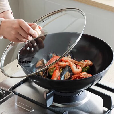 赫曼德HMD-9516精铁炒锅里德尔老铁锅32cm无涂层 带可视玻璃锅盖