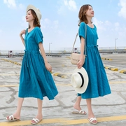 Đầm cotton và vải lanh 2019 mùa hè mới của phụ nữ phiên bản Hàn Quốc của chiếc đầm ngắn tay buông lửng thắt lưng ngắn họa tiết retro - Váy eo cao