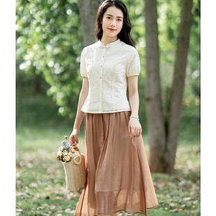 纻衣杏色衬衫女短袖修身2025年夏季新款衬衣百搭文艺淑女显瘦上衣