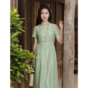 设计感文艺绣花收腰中长裙 新款 纻衣绿色圆领短袖 连衣裙女2026夏装
