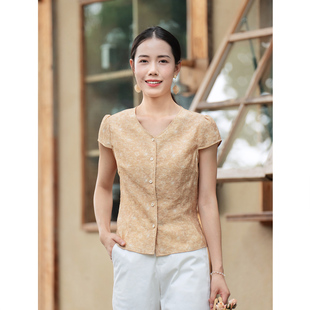 泡泡袖 女2026夏新品 衬衣百搭气质别致上衣 衬衫 纻衣姜黄色印花短袖