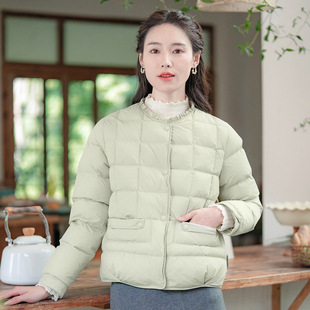 纻衣绿圆领文艺棉衣女2026冬季 羽绒棉服通勤设计感短外套上衣 新款