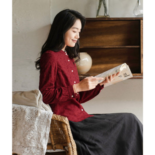 长袖 女2025春季 纻衣复古立领新中式 衬衫 气质上衣 新款 红色蕾丝修身