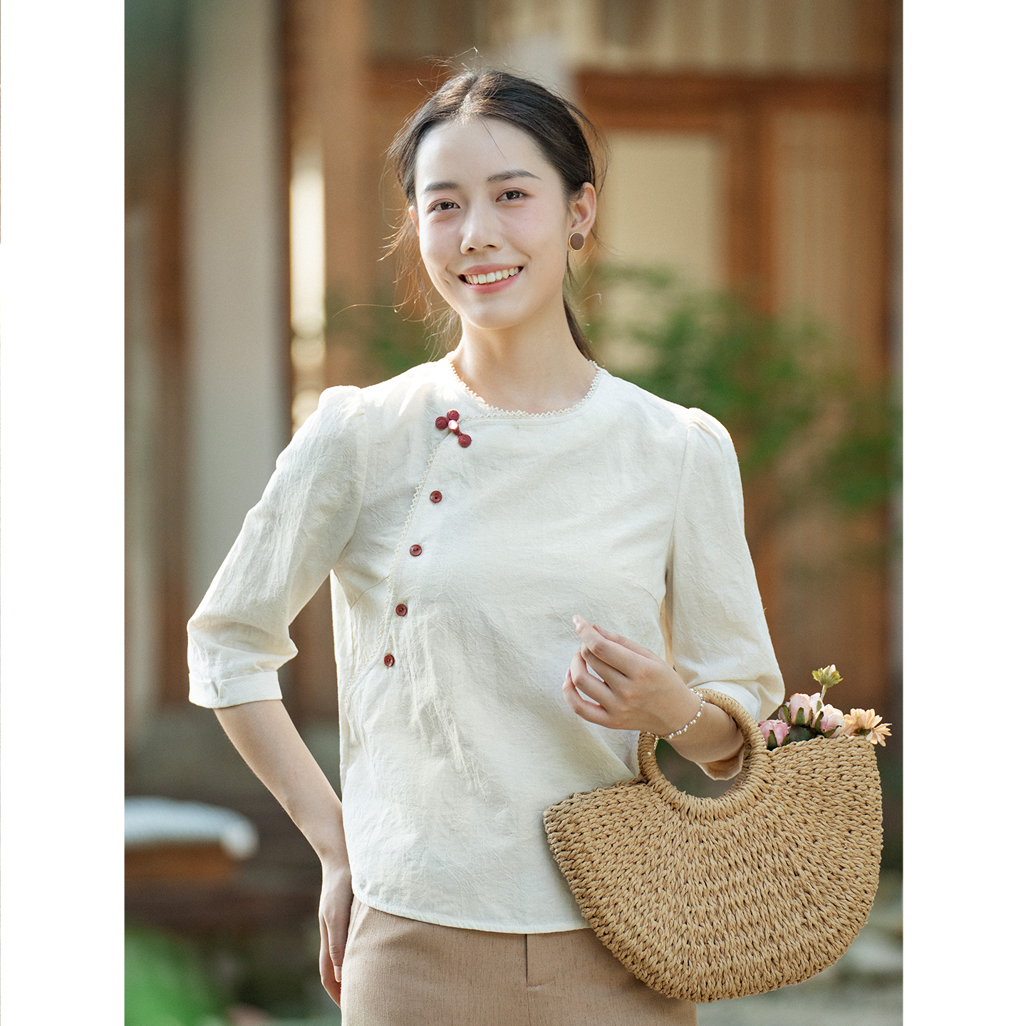 天丝棉新中式提花文艺衬衫女