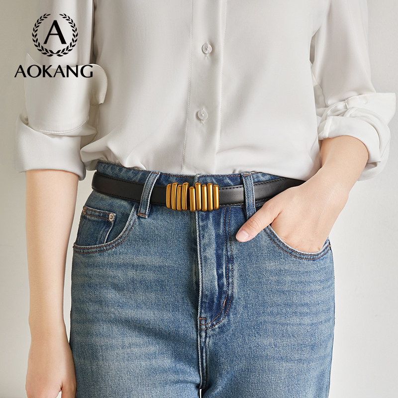 奥康皮带2025新款牛仔裤细腰带配连衣裙高级简约女款腰封黑色百搭