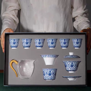 家用陶瓷功夫茶杯三才盖碗景德镇高档礼品 山居草堂青花瓷茶具套装