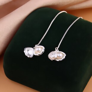 s925银贝壳珍珠耳线女夏韩国简约气质长款森系超仙显脸瘦流苏耳环