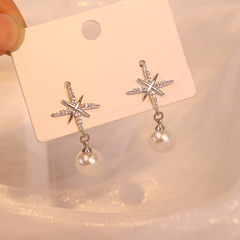 s925银针八芒星雪花珍珠耳钉