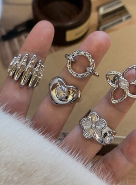 韩国高级感金属花朵爱心开口食指戒指时尚个性ins冷淡风小众设计
