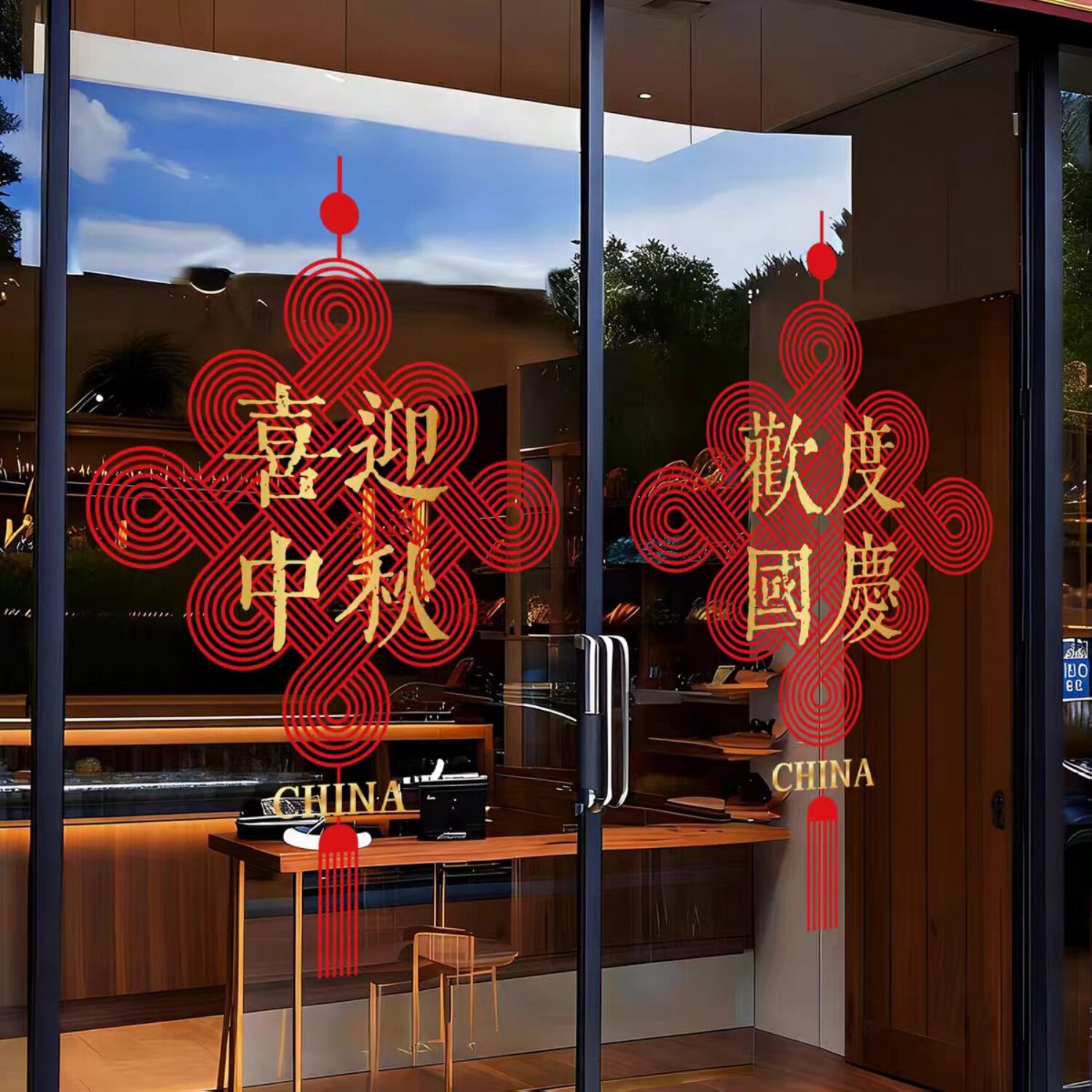 中秋国庆中国风玻璃门静电贴