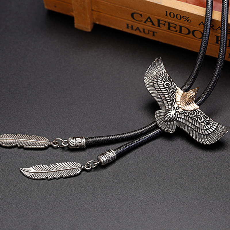欧美复古老鹰bolo tie牛仔领带西部男士项链衬衫领结领绳配饰羽毛