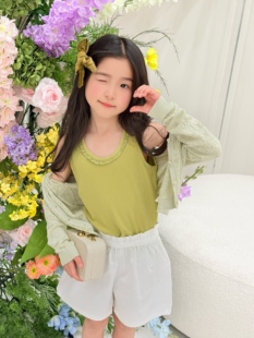 26年春夏新款女童女孩绿色小樱桃开衫针织衫花边背心白色短裤套装