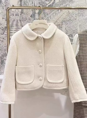 意大利设计女童小香风羊毛混纺外套白色套装儿童童装百搭老钱风