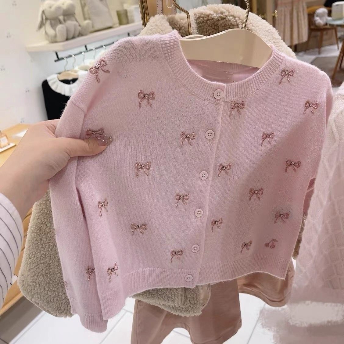 意大利设计女童粉色蝴蝶结针织开衫毛衣外套烫钻儿童百搭针织开衫
